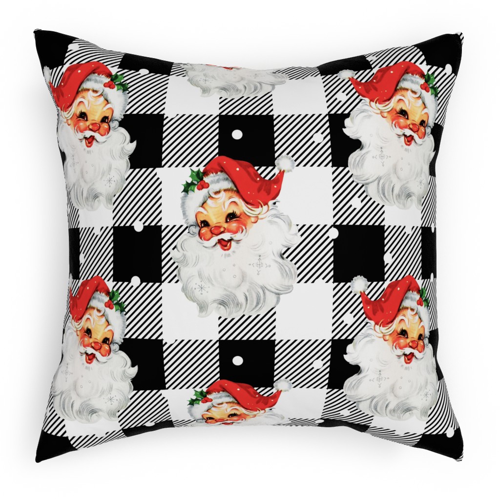 Jolly Retro Santa and Plaid - Black and White Pillow, Woven, White, 18x18, Double Sided, Multicolor
