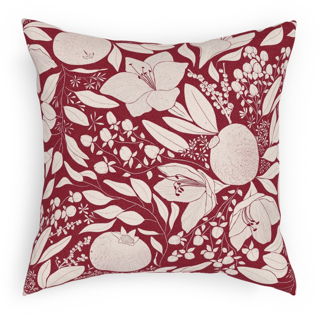 Winter Florals - Burgundy Pillow, Woven, White, 18x18, Double Sided, Red