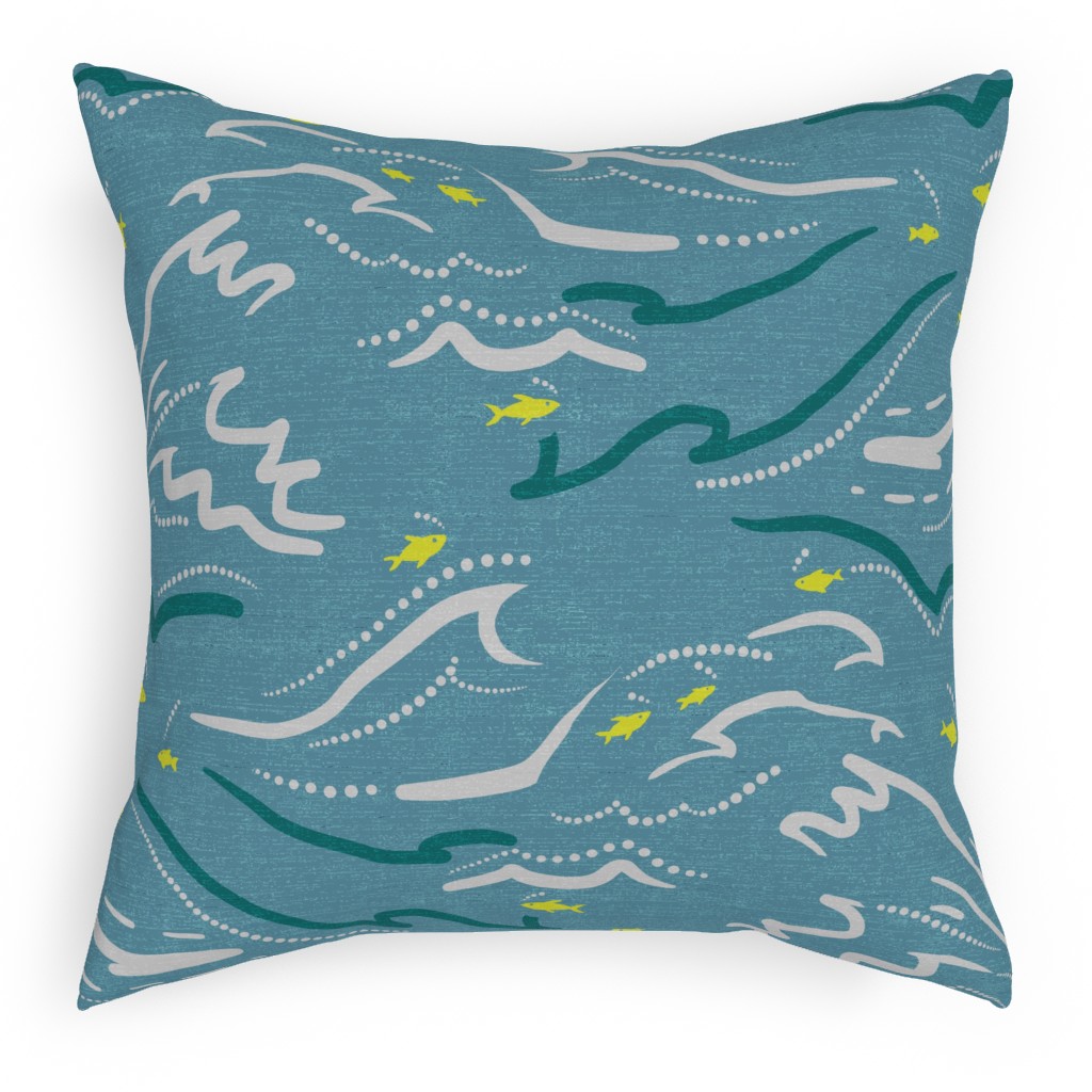 Mid Century Fish and Waves Pillow, Woven, White, 18x18, Double Sided, Blue