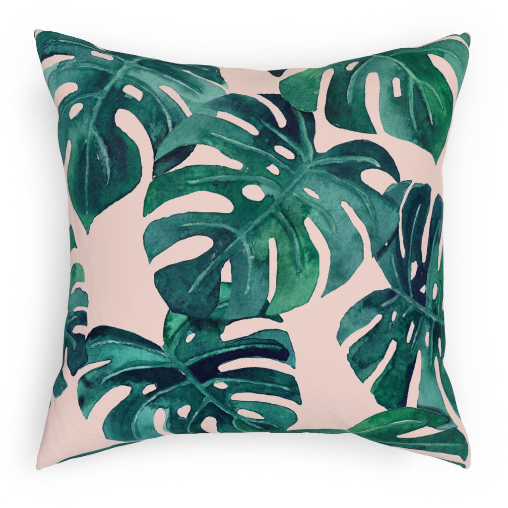 Watercolor Monstera Leaves - Green on Blush Pink Pillow, Woven, White, 18x18, Double Sided, Green, Classic Green