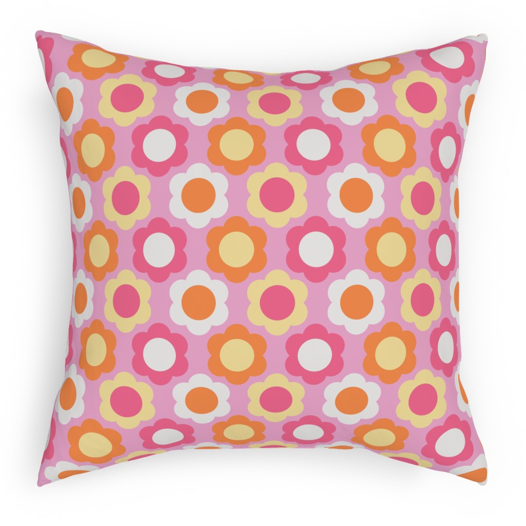 Retro Geometric Flowers - Pink and Orange Pillow, Woven, White, 18x18, Double Sided, Pink, Bright Pink