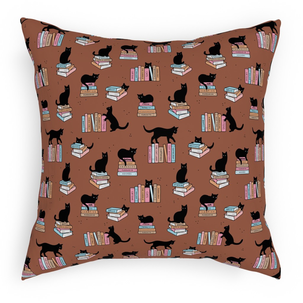 Cats and Books Pillow, Woven, White, 18x18, Double Sided, Brown, Sienna Brown