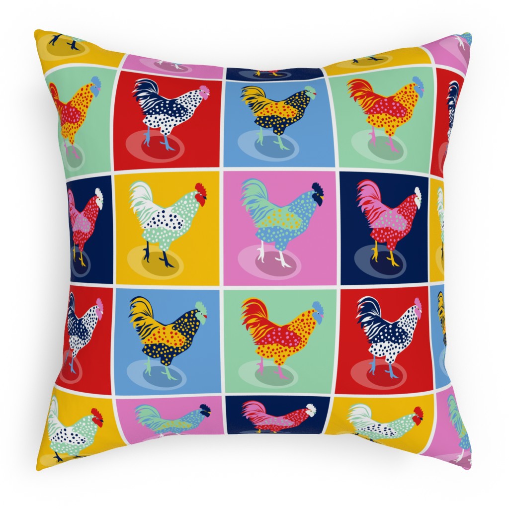 Pop Art Chickens - Multicolor Pillow, Woven, White, 18x18, Double Sided, Multicolor