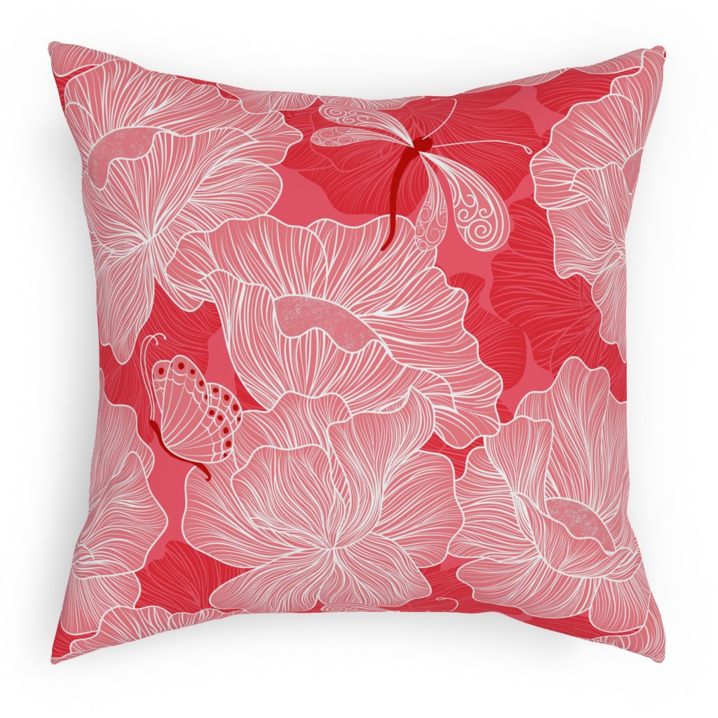 Floral & Butterflies on Scarlet Pillow, Woven, White, 18x18, Double Sided, Pink