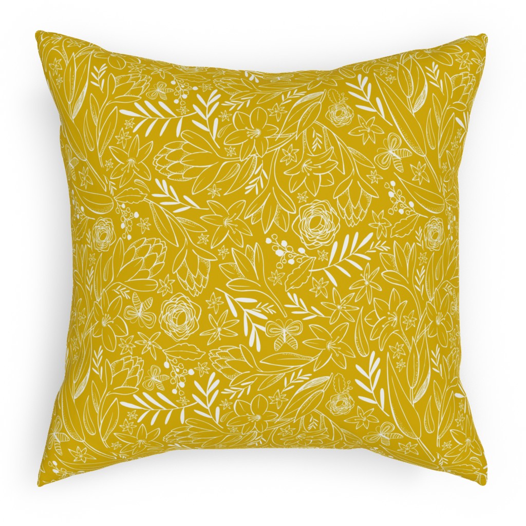 Botanical Floral Sketchbook - Yellow Pillow, Woven, White, 18x18, Double Sided, Yellow
