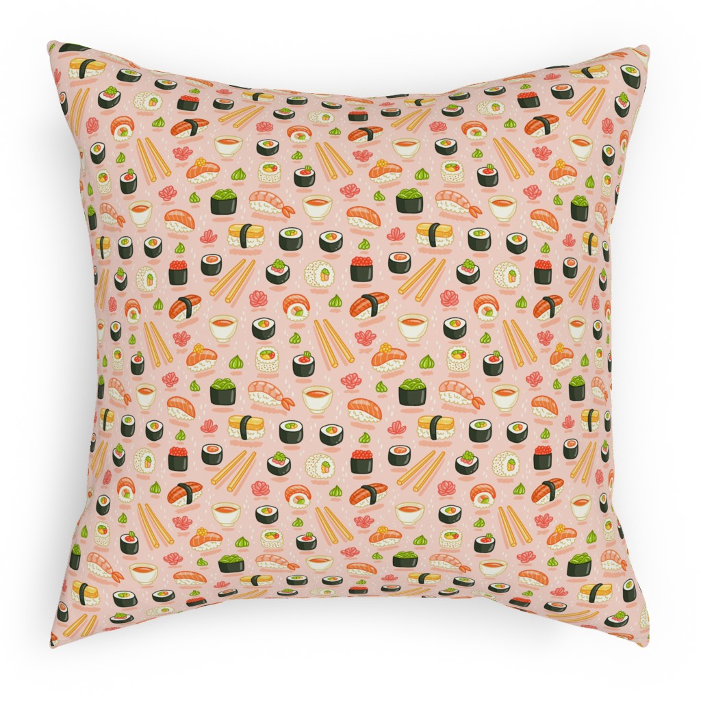 Sushi and Rolls - Pink Pillow, Woven, White, 18x18, Double Sided, Pink, Bright Pink