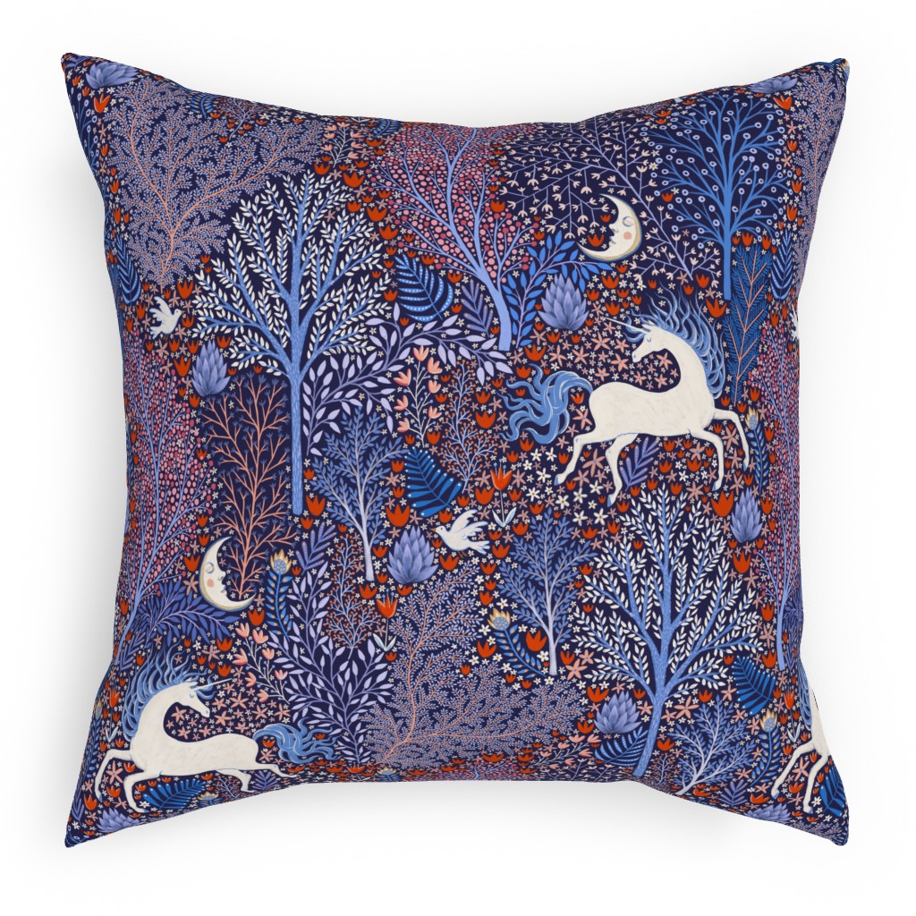 Unicorn in Nocturnal Forest - Purple Pillow, Woven, White, 18x18, Double Sided, Purple