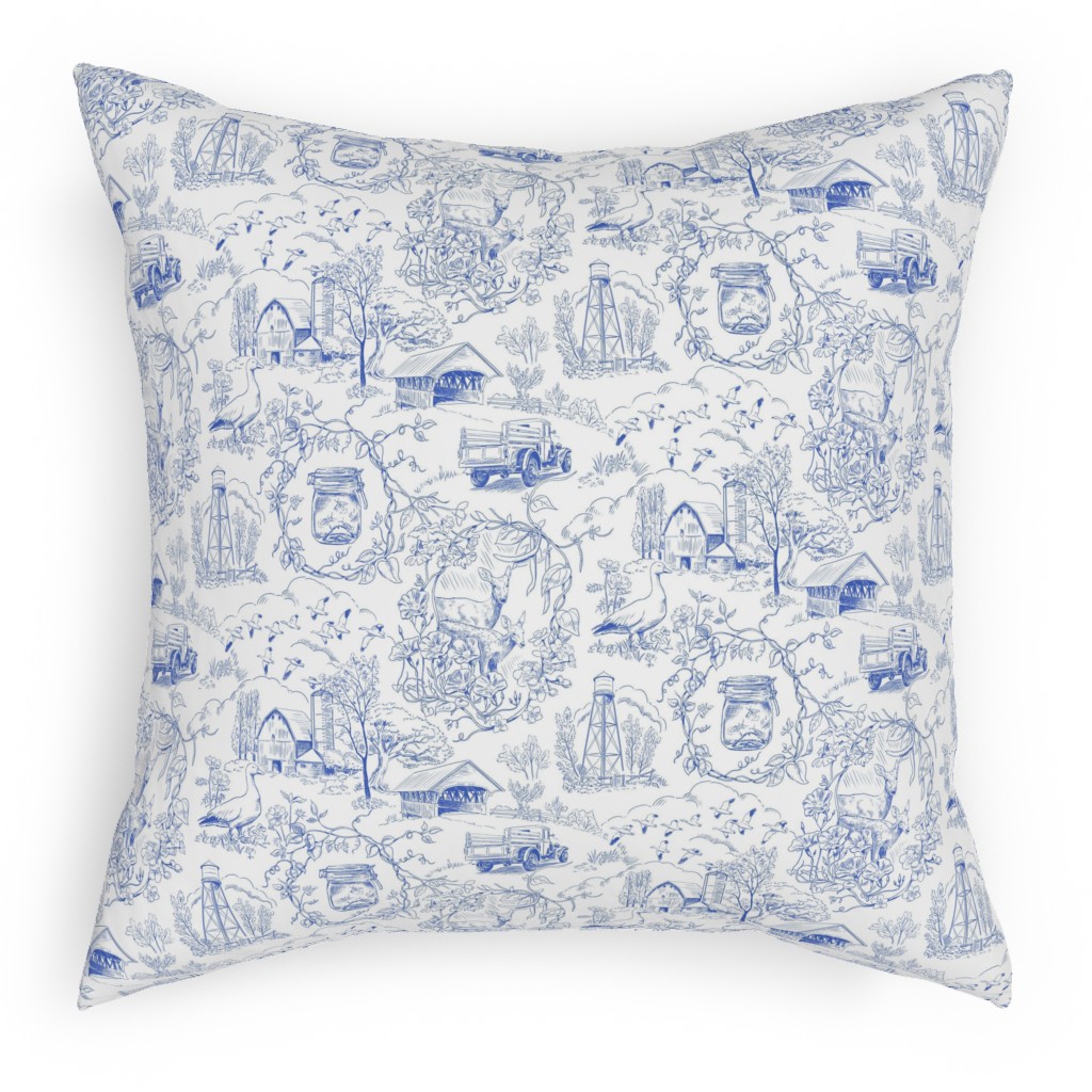 Country Living Toile - Blue Pillow, Woven, White, 18x18, Double Sided, Blue