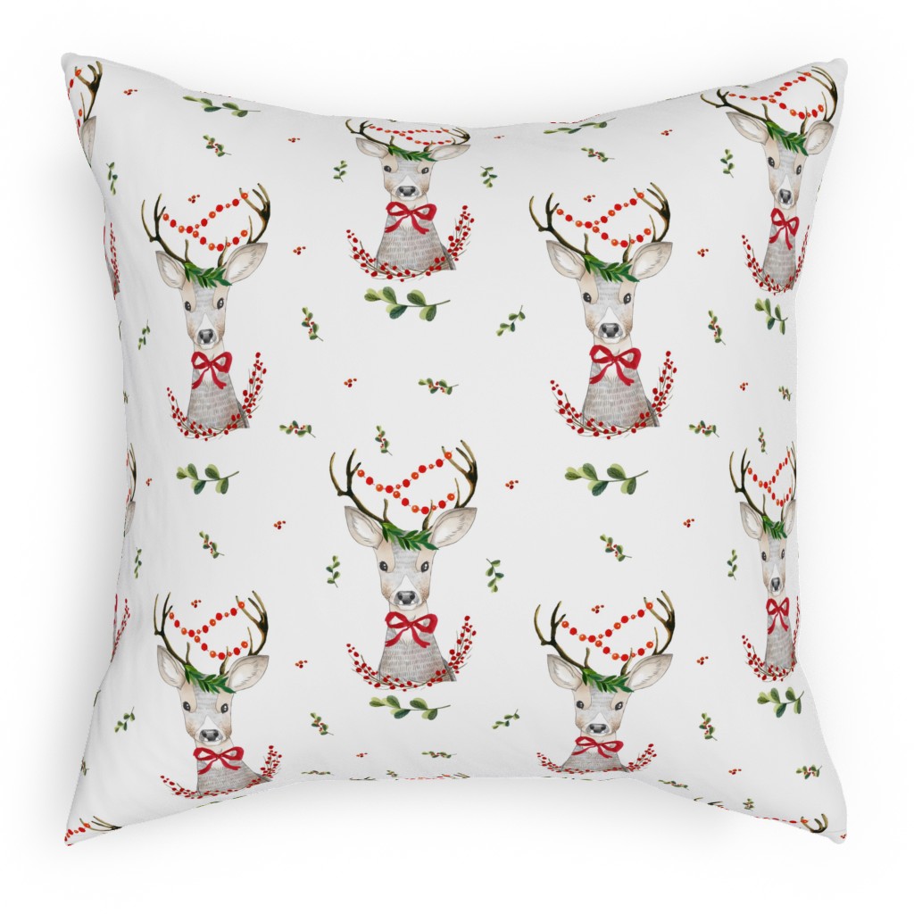 Holiday Fancy Deer With Holly Pillow, Woven, White, 18x18, Double Sided, Multicolor