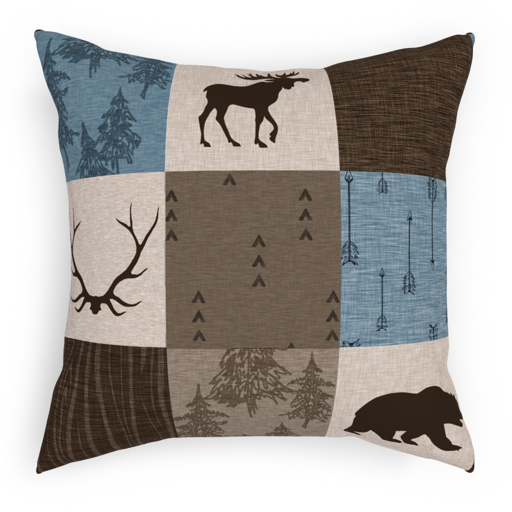 Rustic Woodlands - Blue, Brown and Cream Pillow, Woven, White, 18x18, Double Sided, Brown