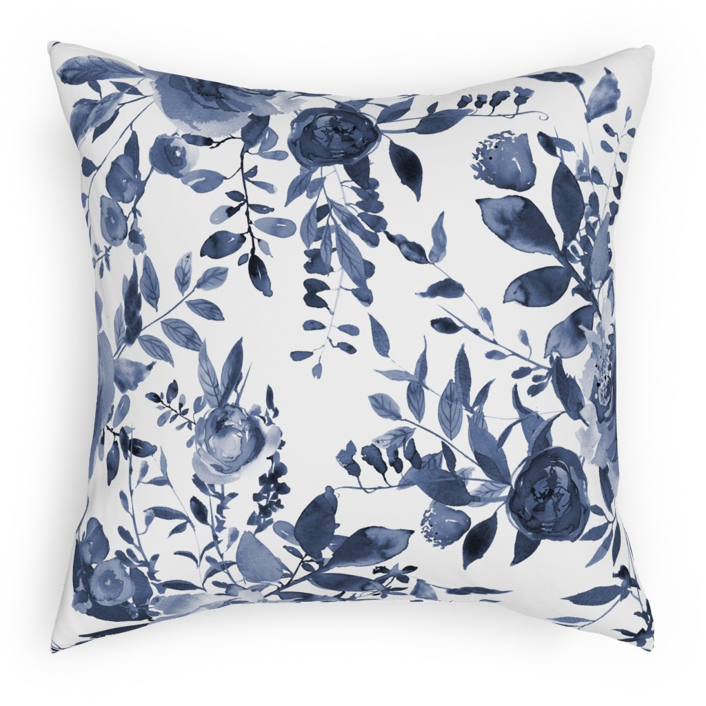 Blue and White Florals - Indigo Pillow, Woven, White, 18x18, Double Sided, Blue