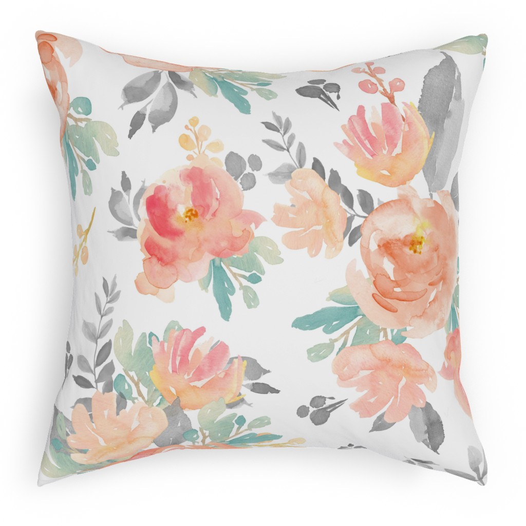 Watercolor Florals Pillow, Woven, White, 18x18, Double Sided, Orange