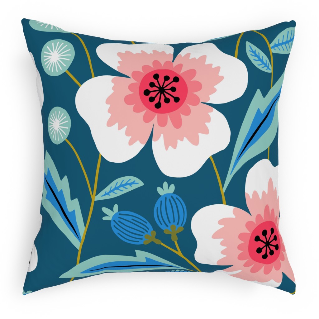 Colorful Spring Flowers - Pink on Blue Pillow, Woven, White, 18x18, Double Sided, Green, Classic Green