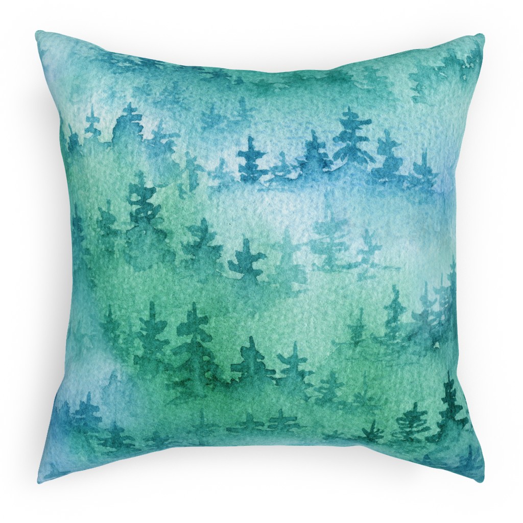 Foggy Forest - Blue and Green Pillow, Woven, White, 18x18, Double Sided, Green