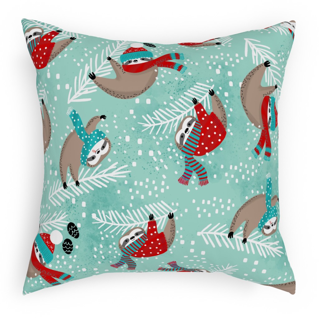 Snowy Sloths! Pillow, Woven, White, 18x18, Double Sided, Multicolor