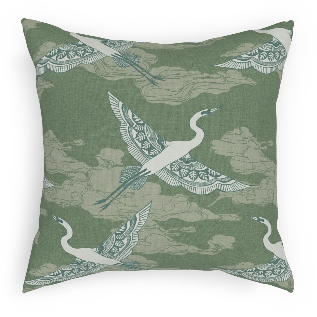 Egrets - Green Pillow, Woven, White, 18x18, Double Sided, Green