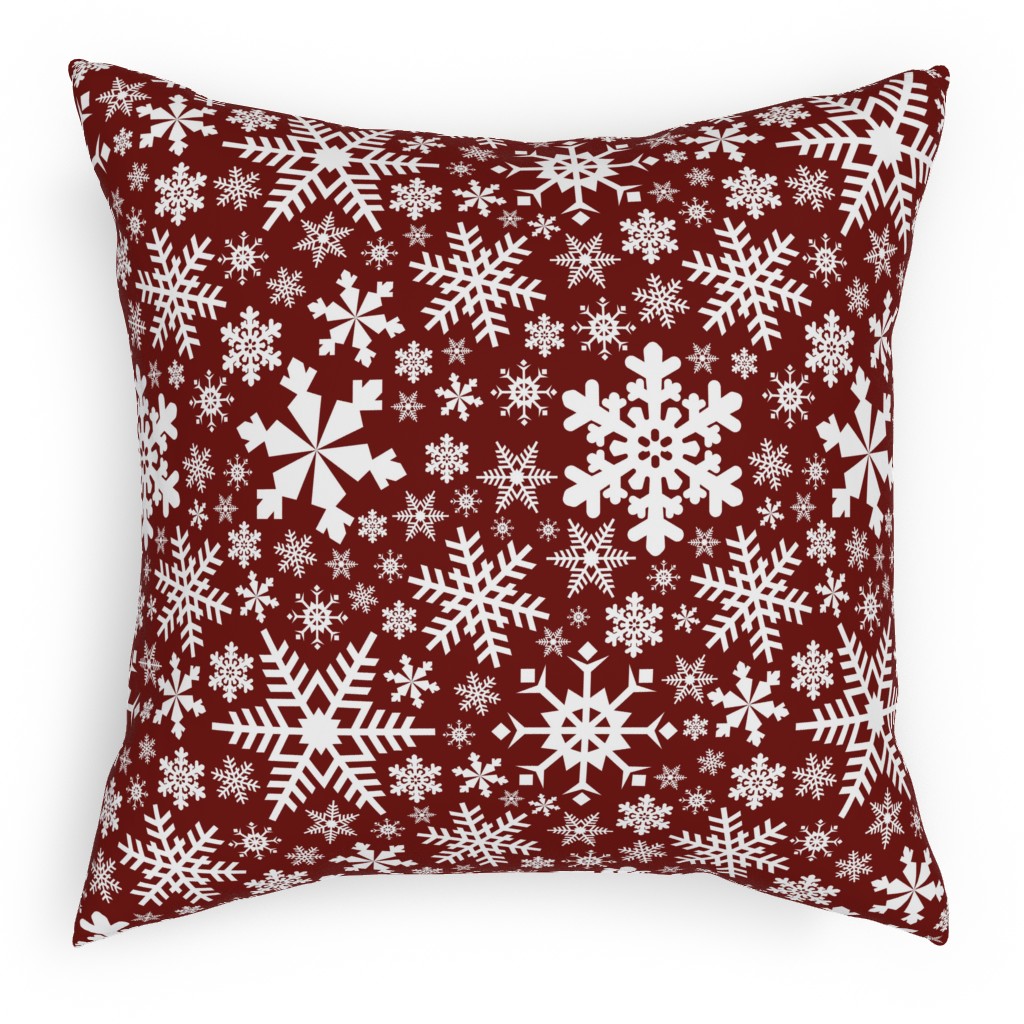 Christmas White Snowflakes on Red Background Pillow, Woven, White, 18x18, Double Sided, Red