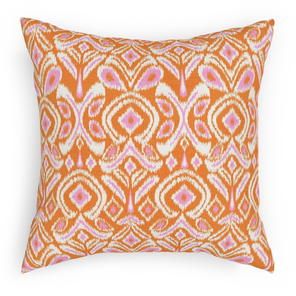 Ikat Flower - Orange and Pink Pillow, Woven, White, 18x18, Double Sided, Orange