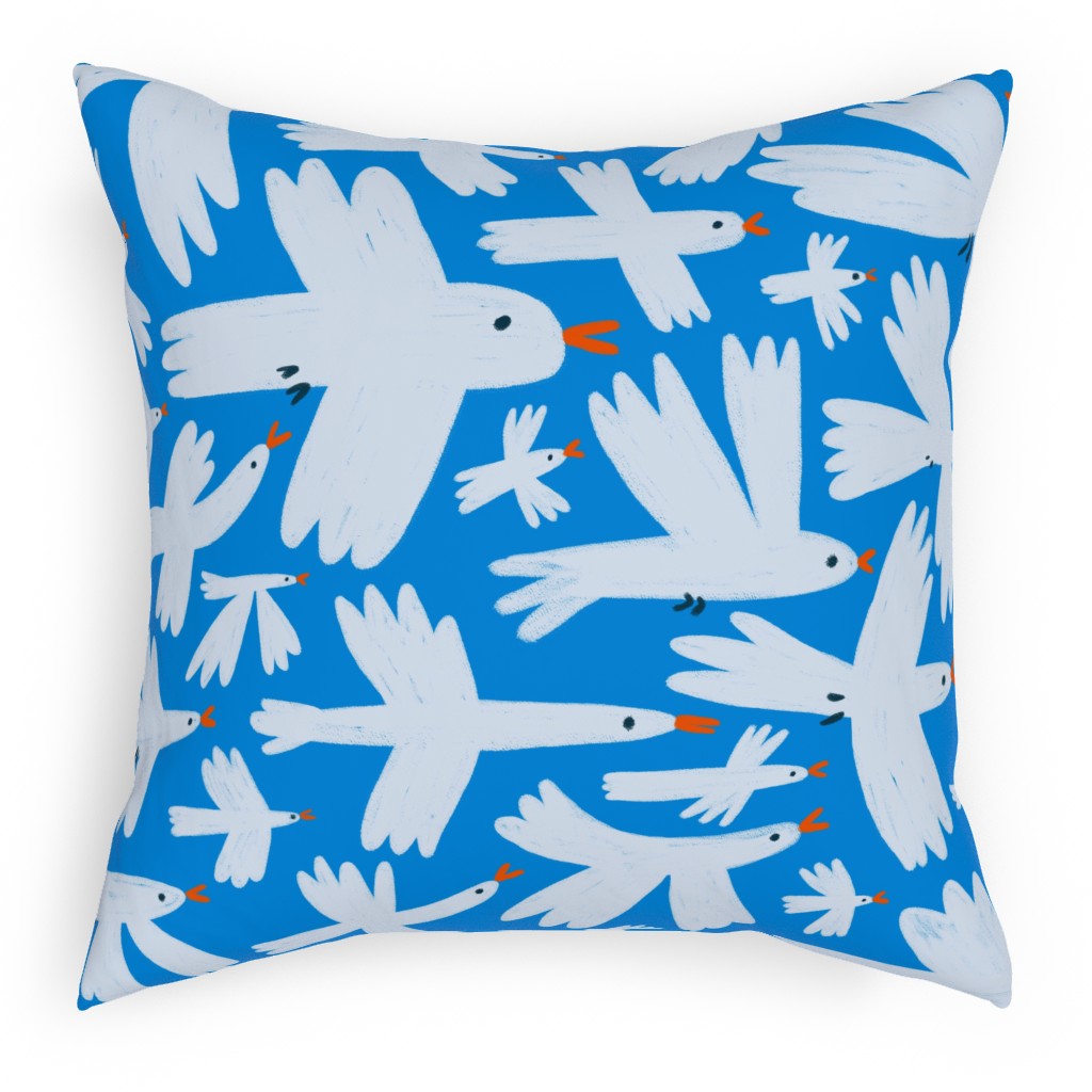 White Birds on Blue Pillow, Woven, White, 18x18, Double Sided, Blue
