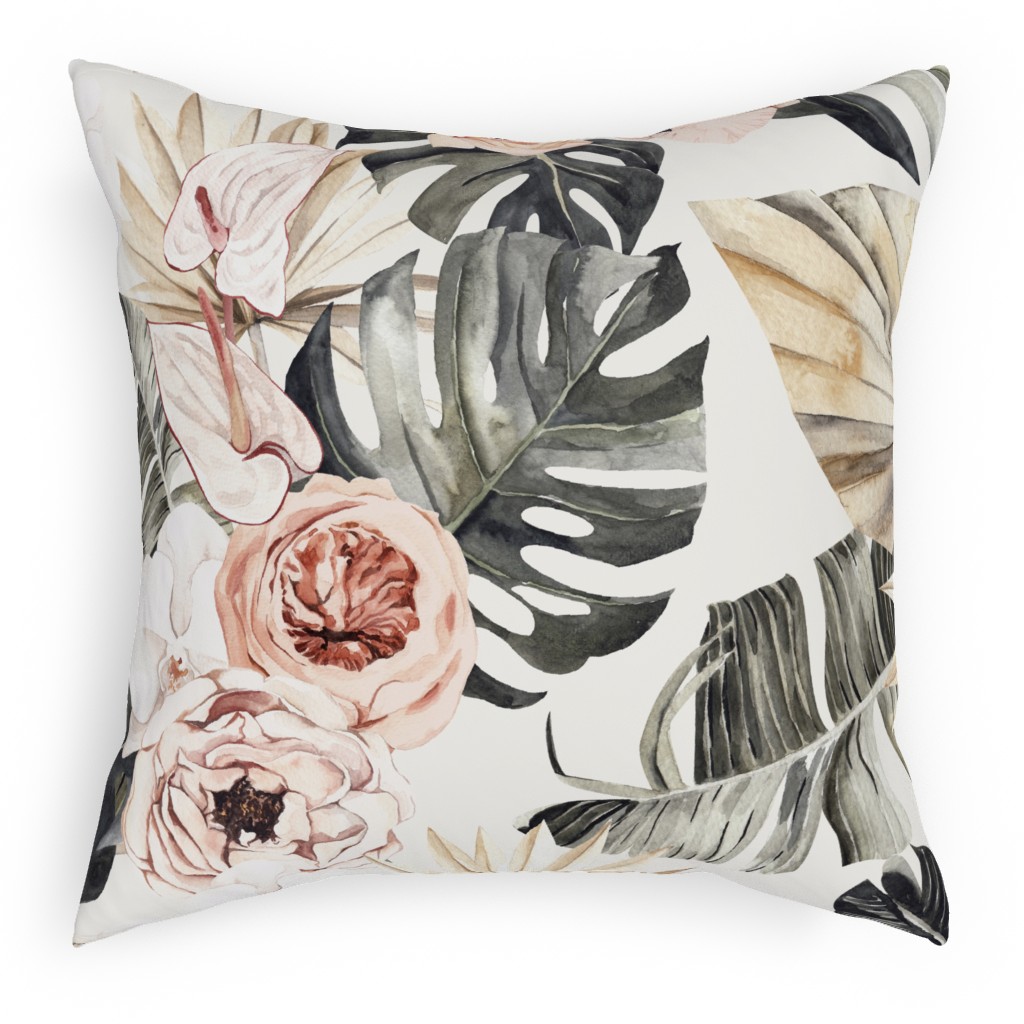 Paradise Palm, Peonies, and Tropical Plants - Multi Pillow, Woven, White, 18x18, Double Sided, Multicolor
