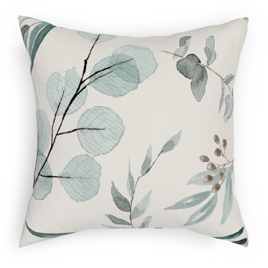 Eucalyptus Leaves on Cream Background Pillow, Woven, White, 18x18, Double Sided, Green, Classic Green
