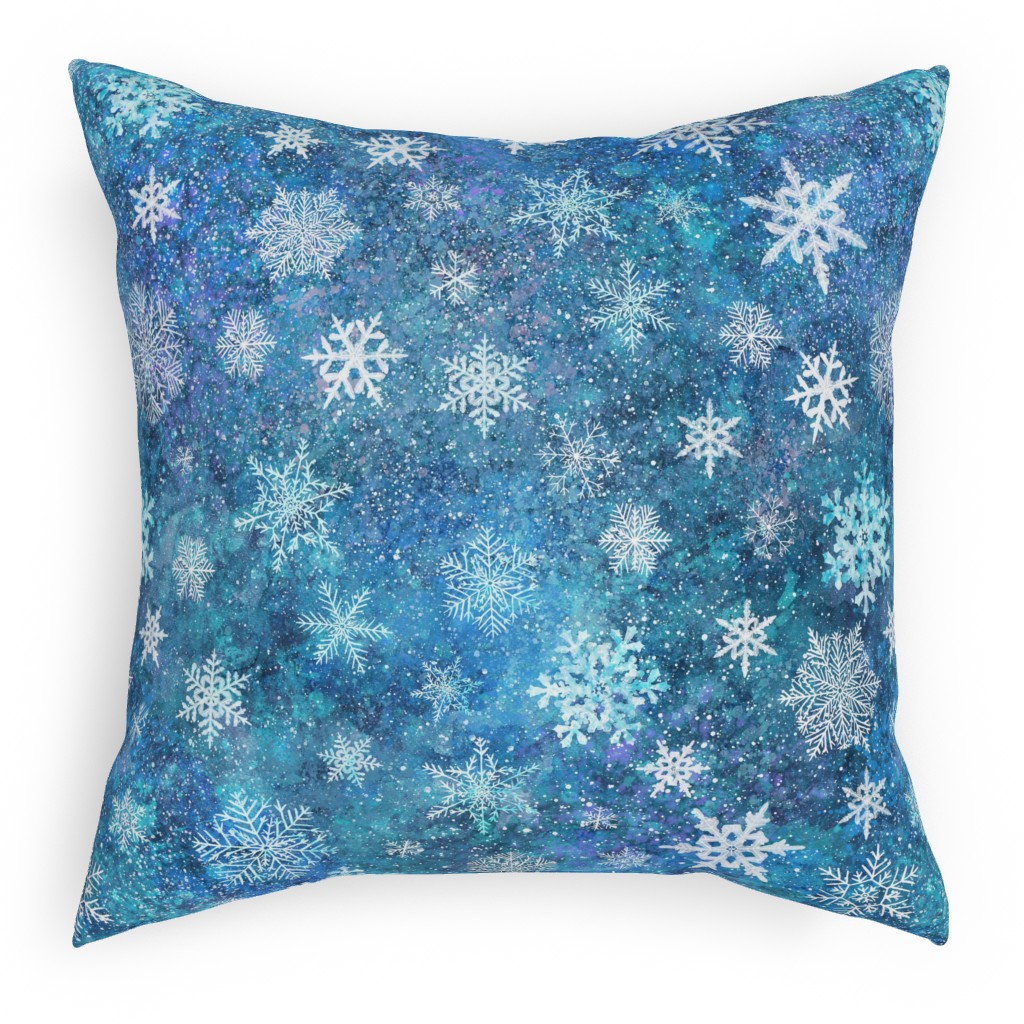 Whinsical Snowflakes Handpainted With Watercolors - Blue Pillow, Woven, White, 18x18, Double Sided, Blue