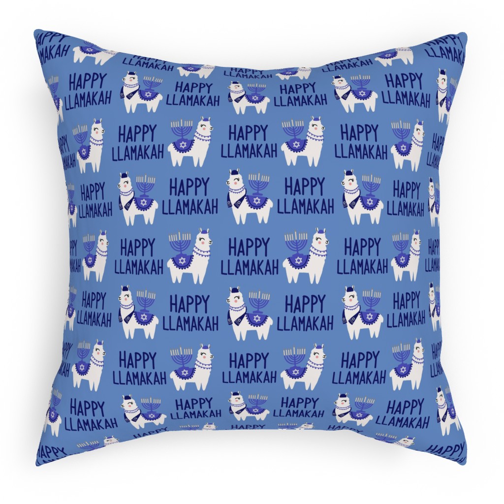 Happy Llamakah on Blue Pillow, Woven, White, 18x18, Double Sided, Blue