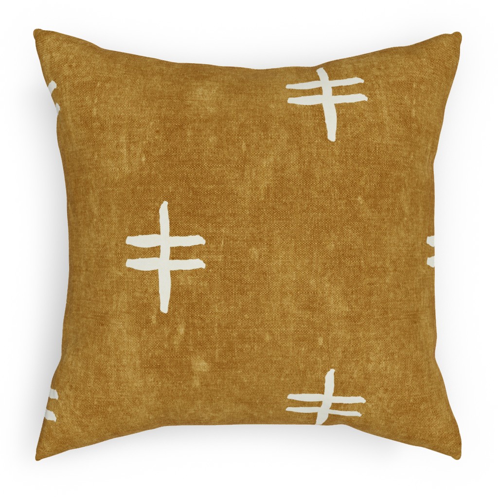 Double Cross Mudcloth Tribal - Mustard Pillow, Woven, White, 18x18, Double Sided, Brown
