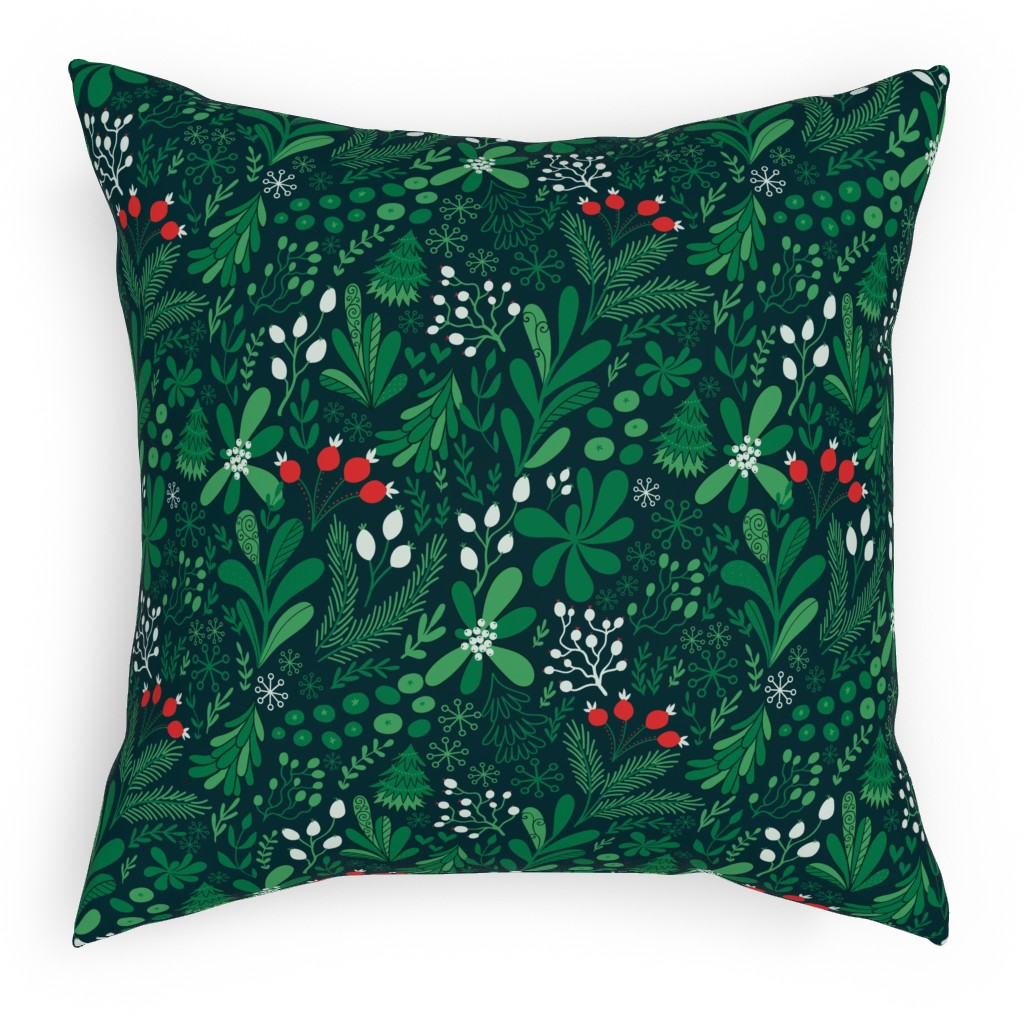 Merry Christmas Botanical - Green Pillow, Woven, White, 18x18, Double Sided, Green