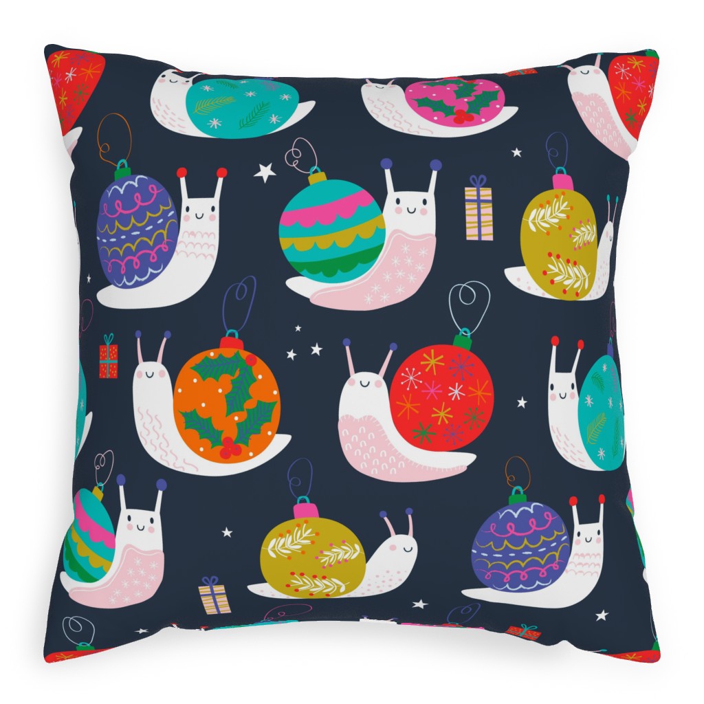 Christmas Bauble Snails - Navy Pillow, Woven, White, 20x20, Double Sided, Multicolor