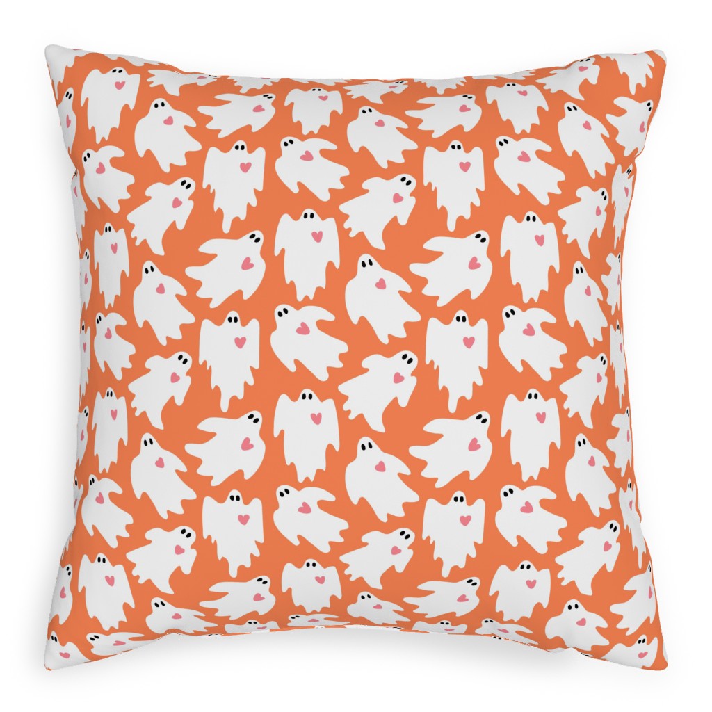 Halloween Ghosts With Hearts - Orange Pillow, Woven, White, 20x20, Double Sided, Orange