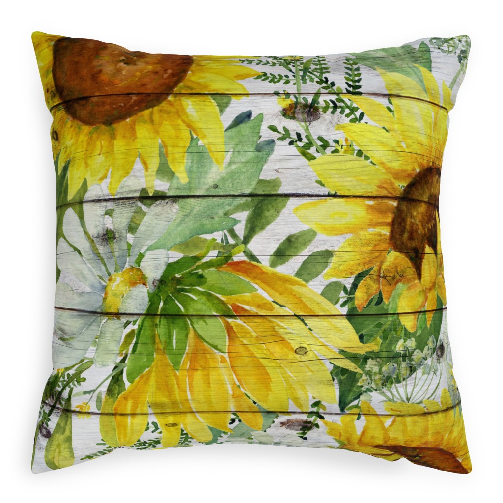 Watercolor Sunflowers and Daisies - Multi Pillow, Woven, White, 20x20, Double Sided, Multicolor
