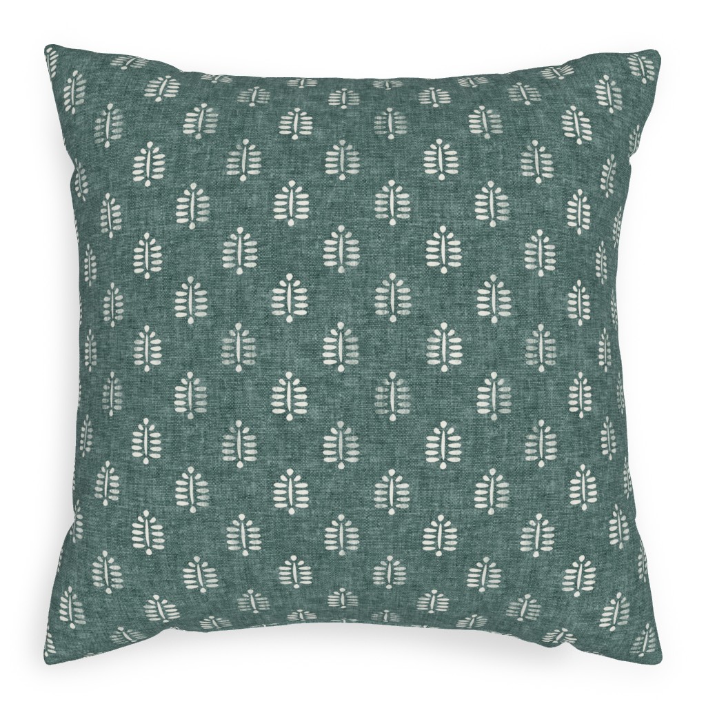 Block Print Fern on Dark Jade Pillow, Woven, White, 20x20, Double Sided, Green, Classic Green