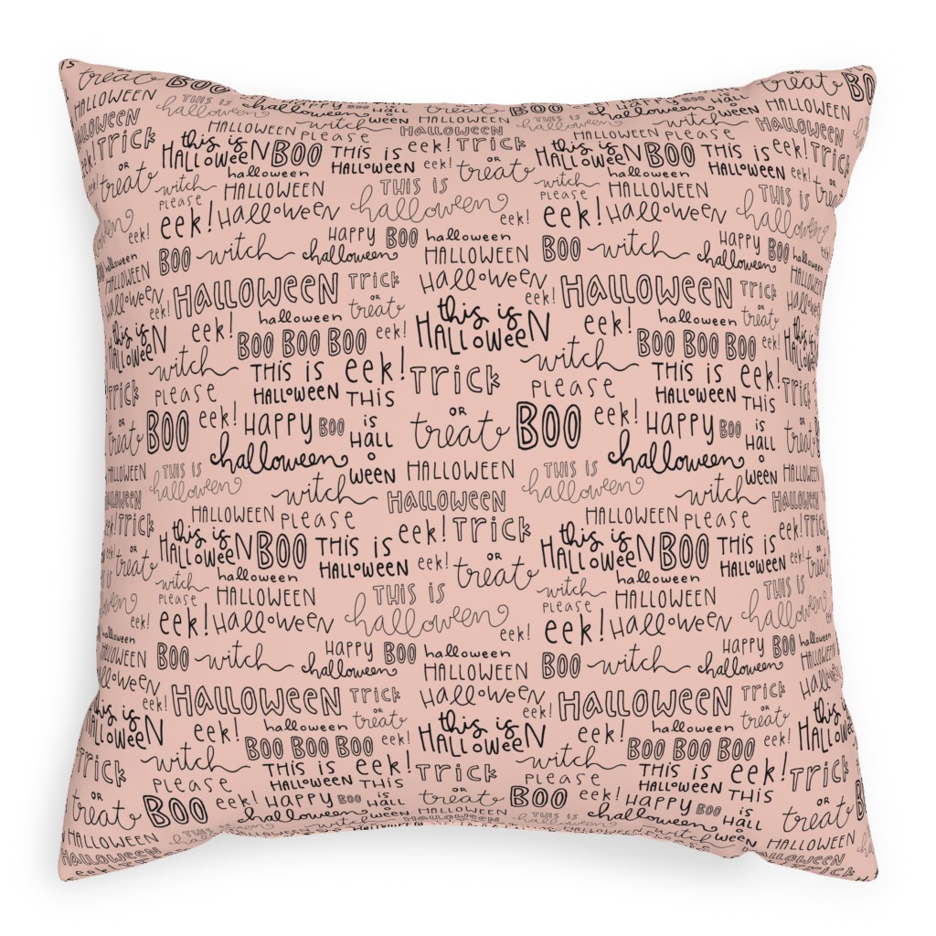 Halloween Words - Black Pillow, Woven, White, 20x20, Double Sided, Pink, Bright Pink