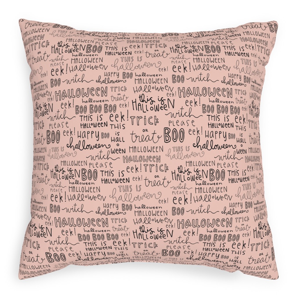 Halloween Words - Black Pillow, Woven, White, 20x20, Double Sided, Pink