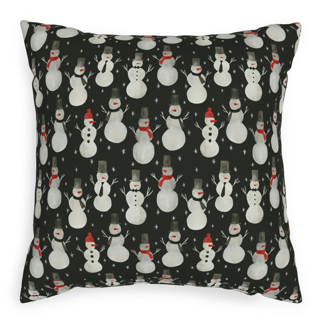 Watercolor Snowmen Pillow, Woven, White, 20x20, Double Sided, Black