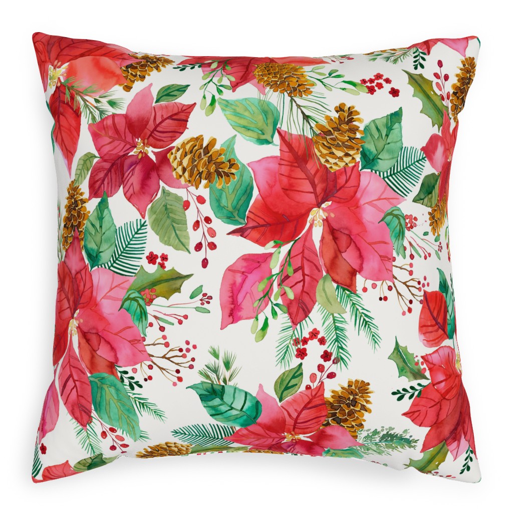 Poinsettias Christmas Flower Bouquets - Red Pillow, Woven, White, 20x20, Double Sided, Red, Red