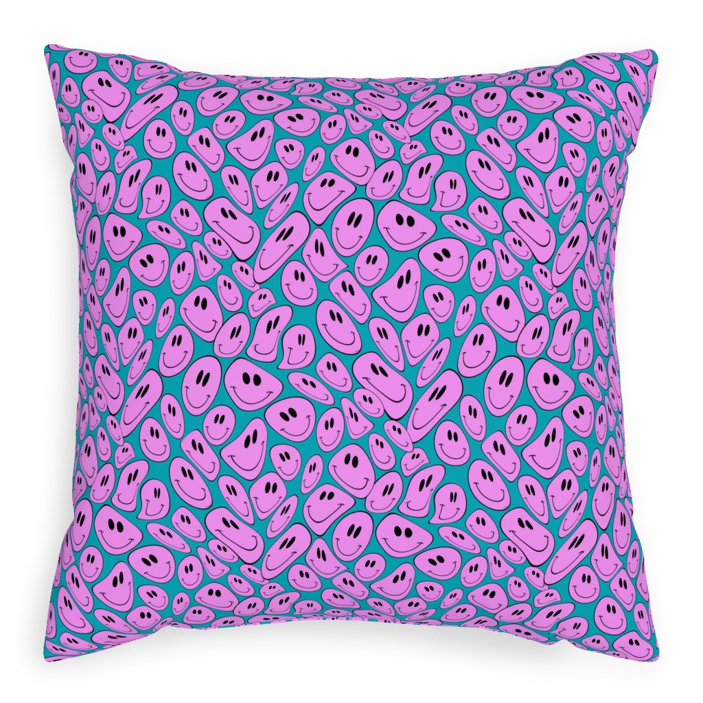 Retro Smiley Face - Blue and Purple Pillow, Woven, White, 20x20, Double Sided, Purple
