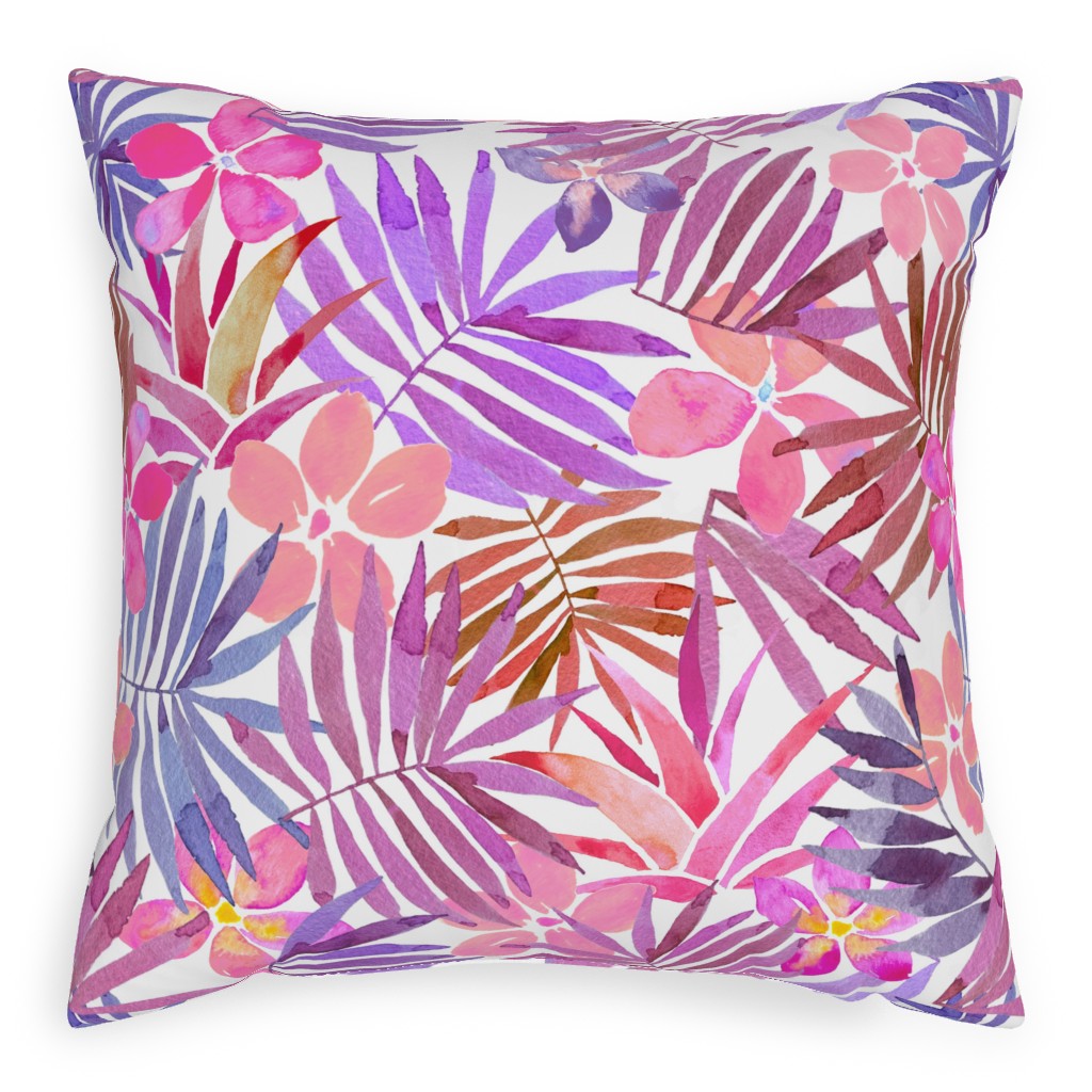 Watercolor Tropical Vibes Pillow, Woven, White, 20x20, Double Sided, Pink, Bright Dahlia