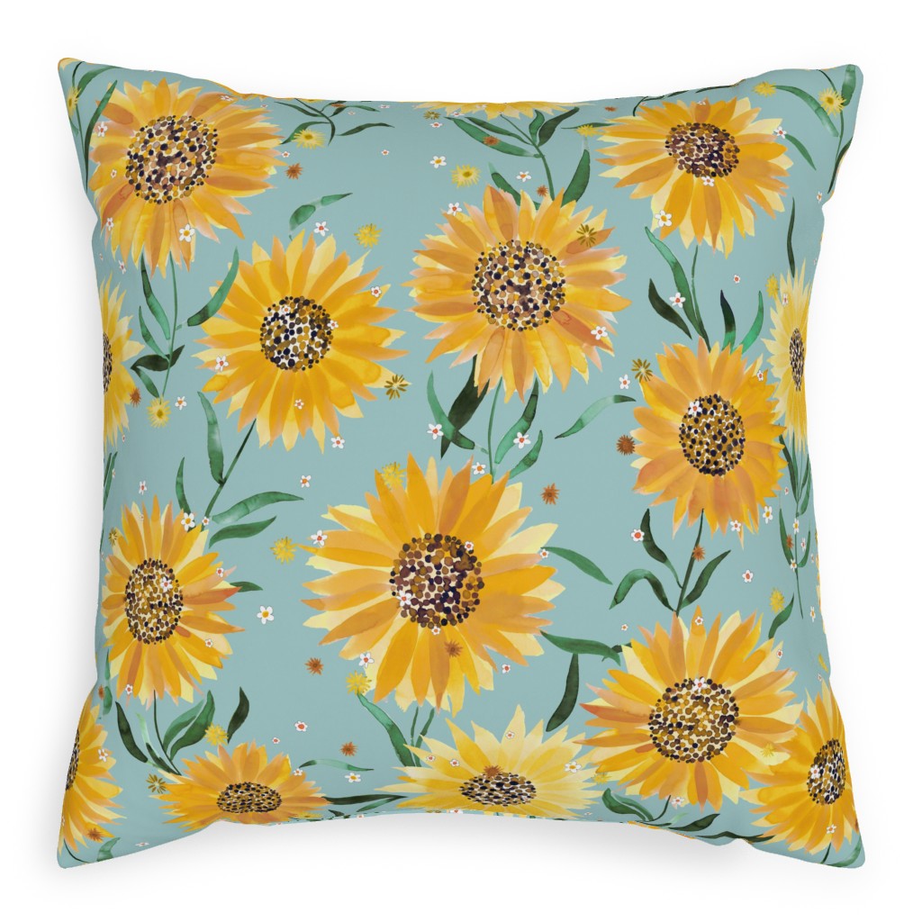 Watercolor Sunflowers - Yellow on Blue Pillow, Woven, White, 20x20, Double Sided, Yellow