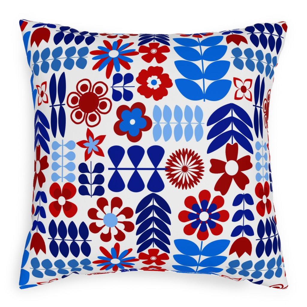 Patriotic Flowers - Red, White and Blue Pillow, Woven, White, 20x20, Double Sided, Multicolor
