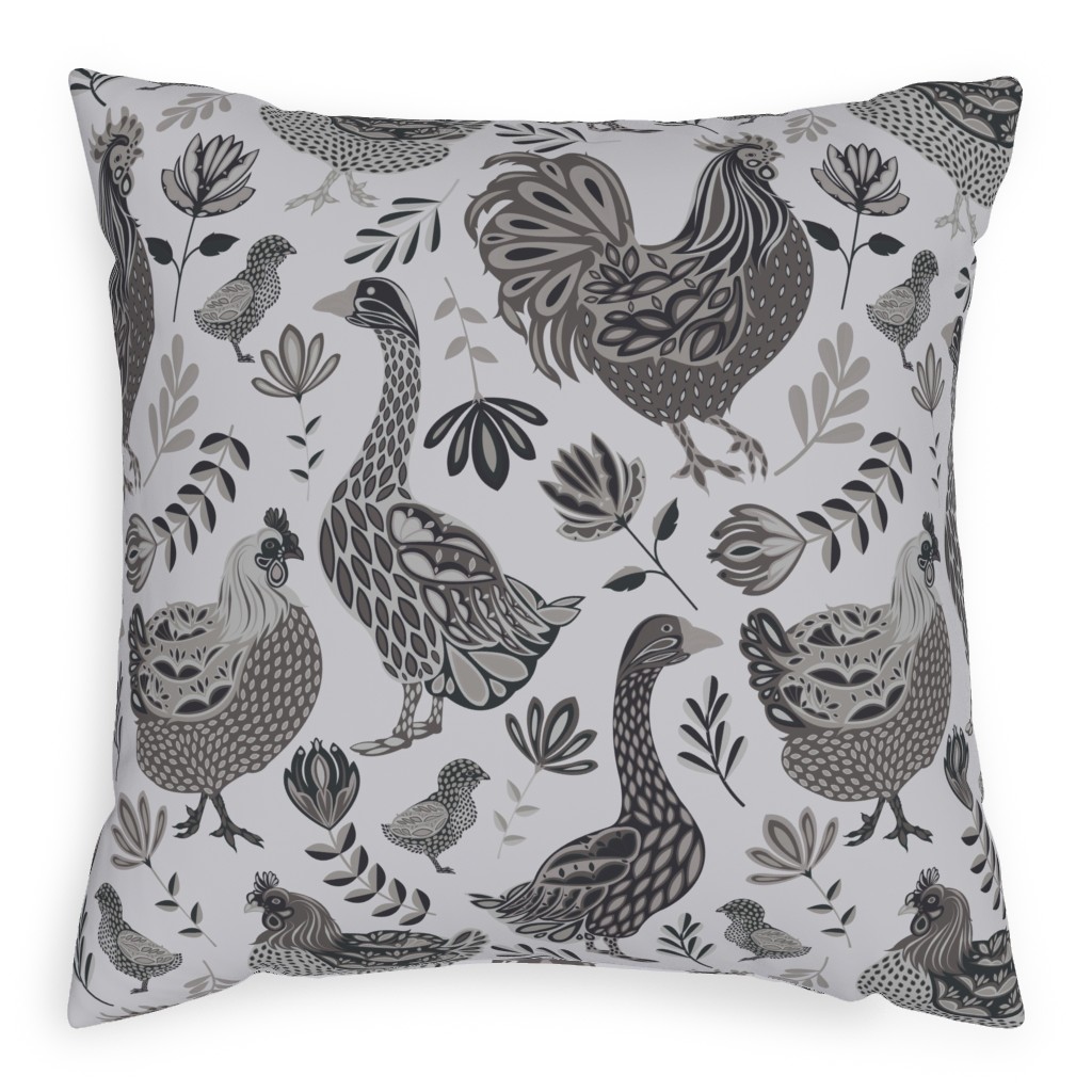 French Farm Birds - Greyscale Pillow, Woven, White, 20x20, Double Sided, Gray