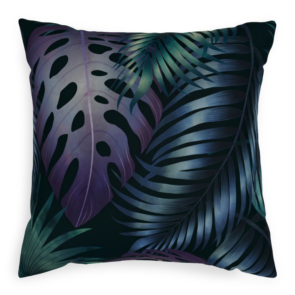 Tropical Leaves in the Moonlight - Dark Pillow, Woven, White, 20x20, Double Sided, Blue