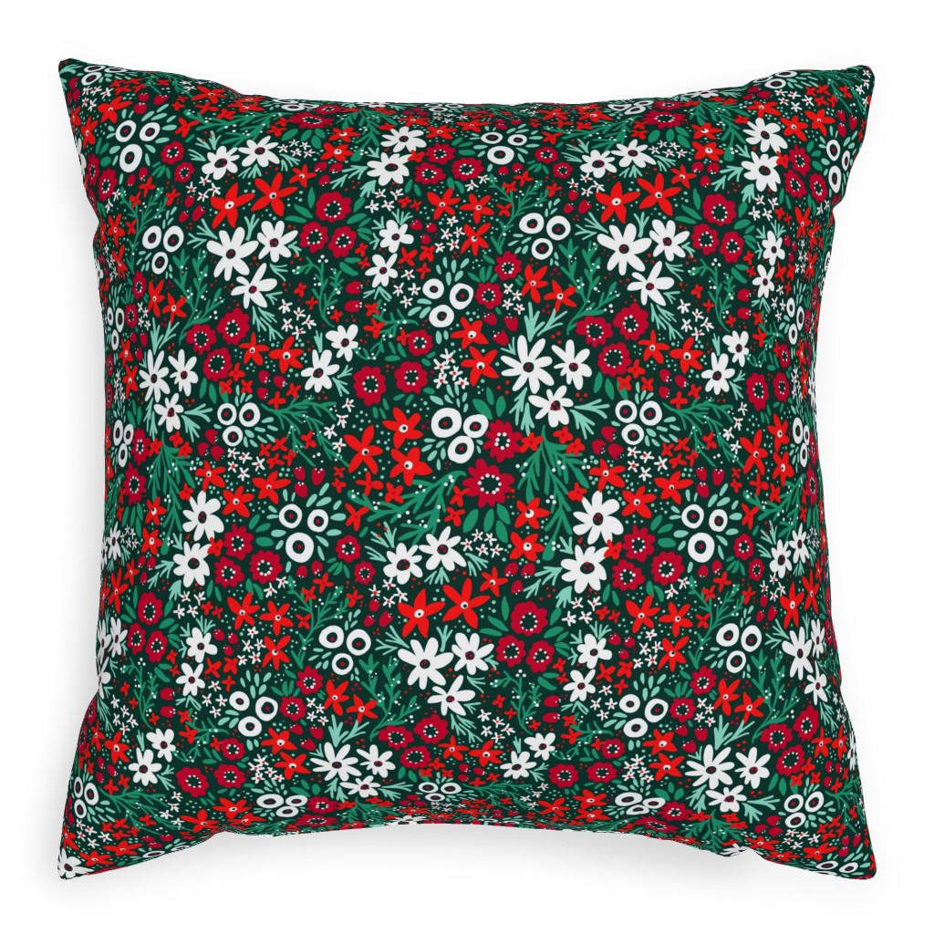 Rustic Floral - Holiday Red and Green Pillow, Woven, White, 20x20, Double Sided, Green