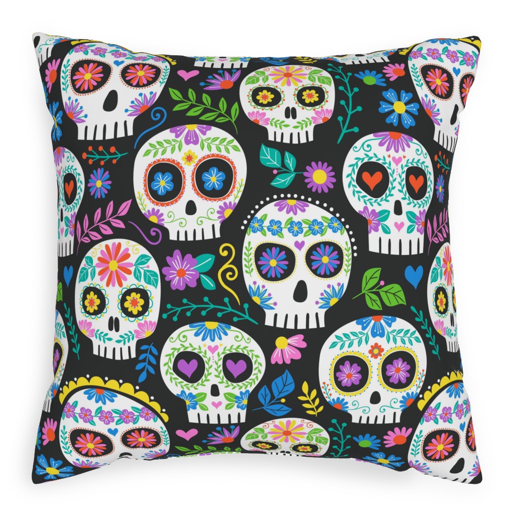 Floral Skull - Multi Pillow, Woven, White, 20x20, Double Sided, Multicolor