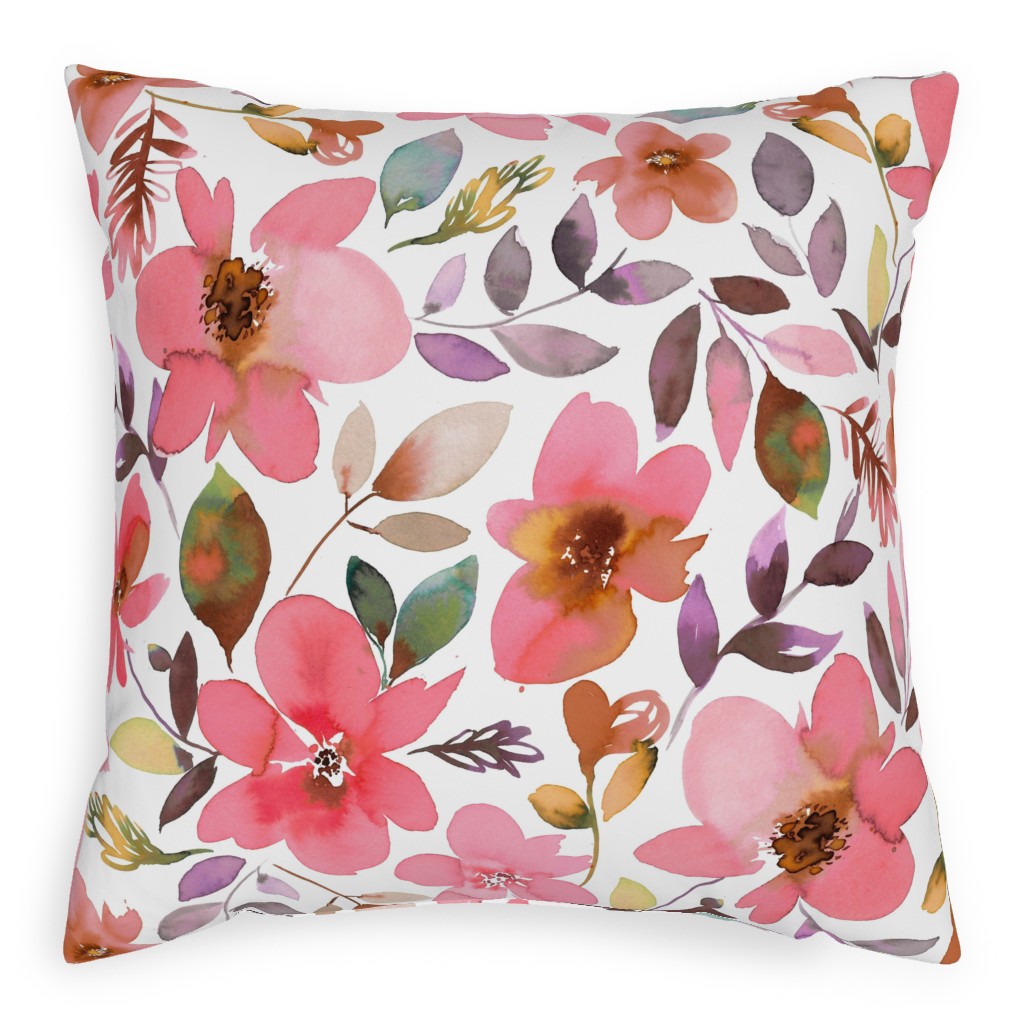 Summery Watercolor Flowers - Coral Pink Pillow, Woven, White, 20x20, Double Sided, Pink