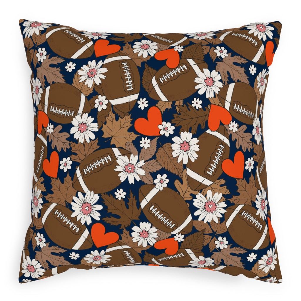 Football Fall and Florals Pillow, Woven, White, 20x20, Double Sided, Black, Black