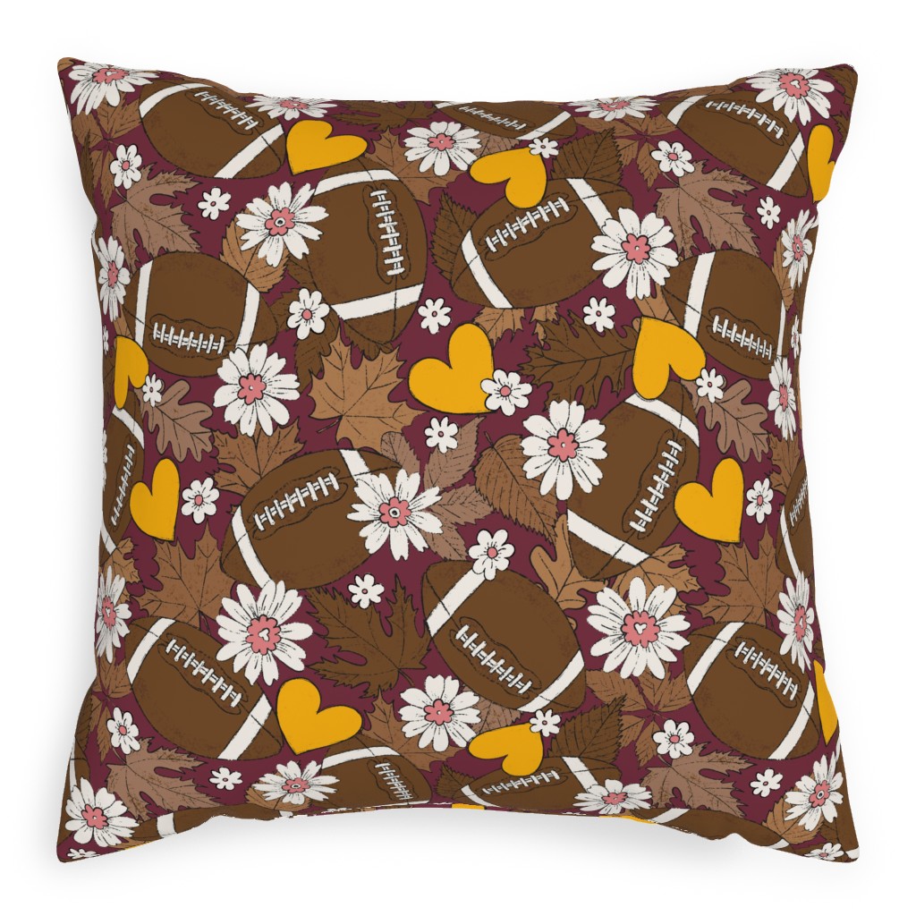Football Fall and Florals Pillow, Woven, White, 20x20, Double Sided, Brown, Dark Chocolate