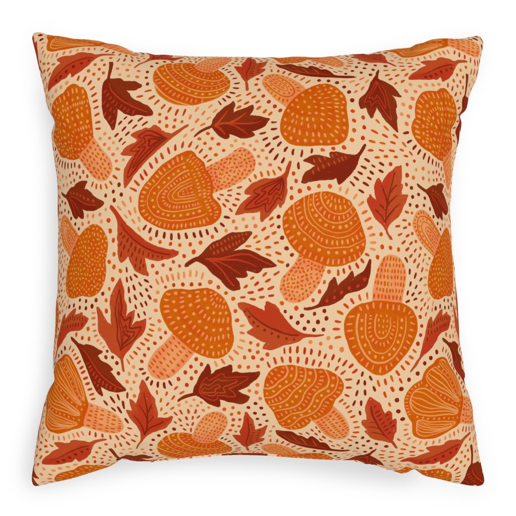 Autumn Mushrooms and Fallen Leaves Pillow, Woven, White, 20x20, Double Sided, Orange, Orange