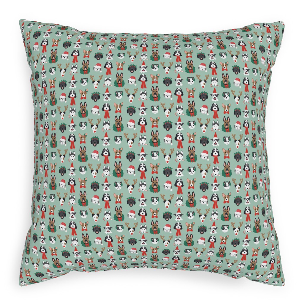 Christmas Holiday Puppy Dogs - Green Pillow, Woven, White, 20x20, Double Sided, Green, Classic Green